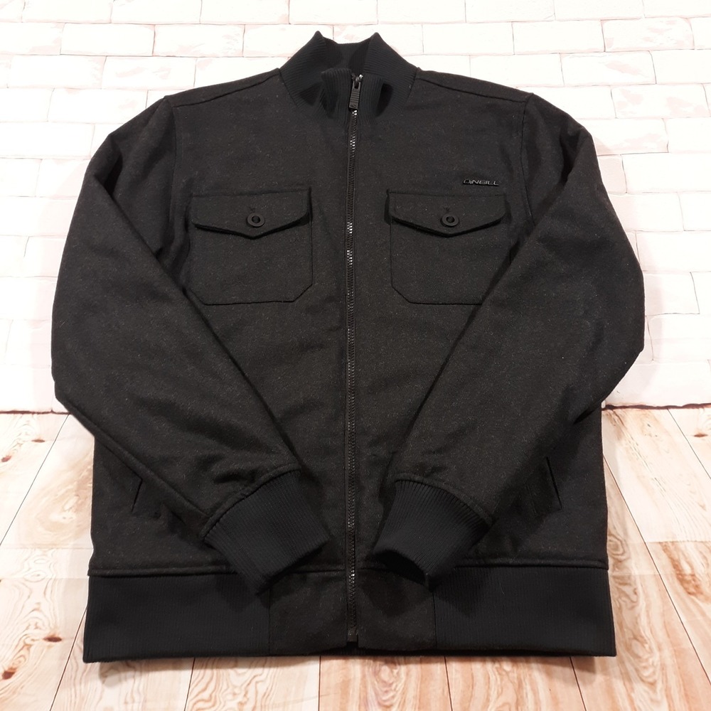 O'Neill Wool Blend Bomber Jacket Mens Small Full Zip Black Lined Insulated Heavy